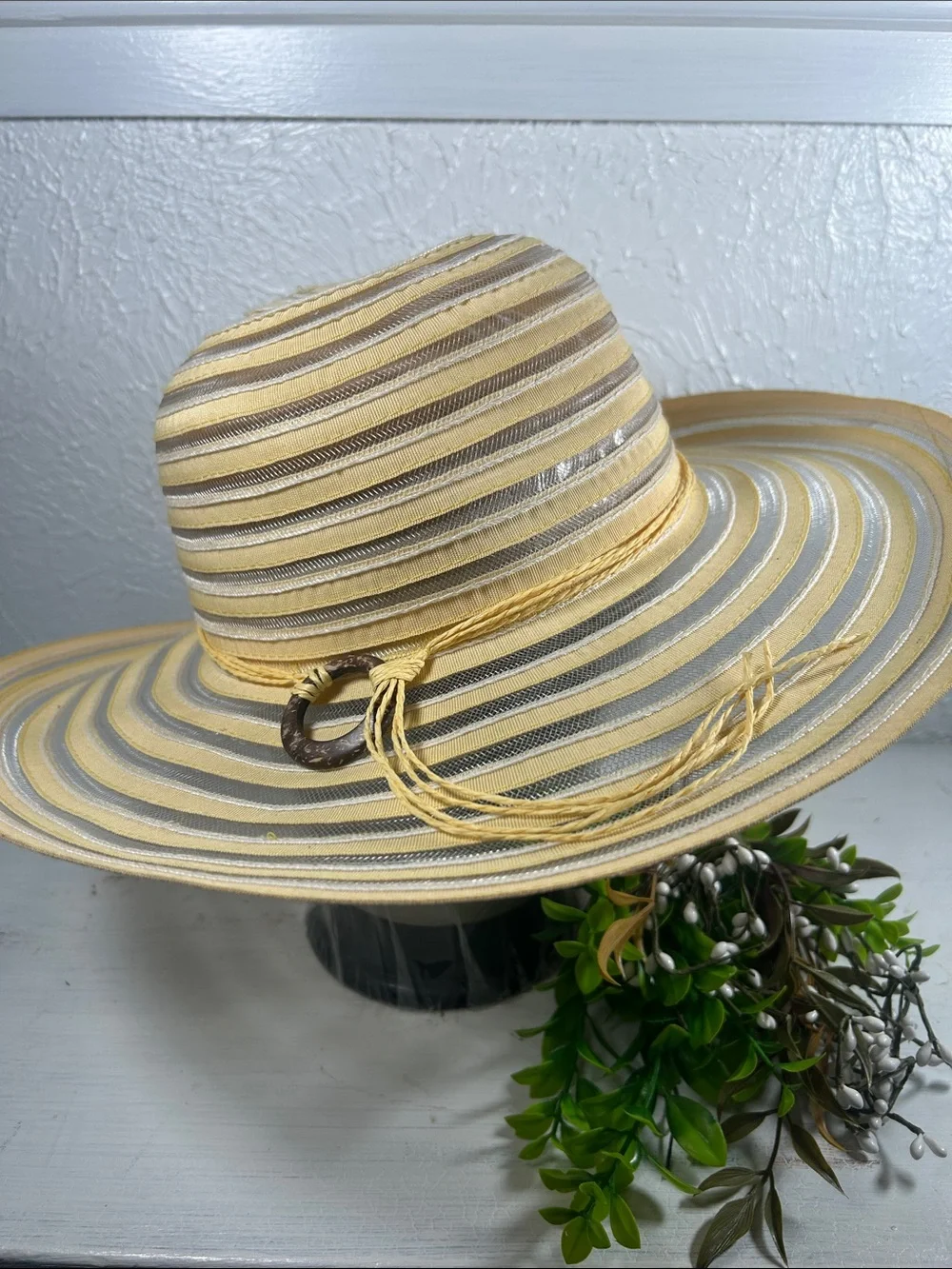 Wide Brim Sun Hat in Yellow and Beige - Lightweight Women's Summer Hat